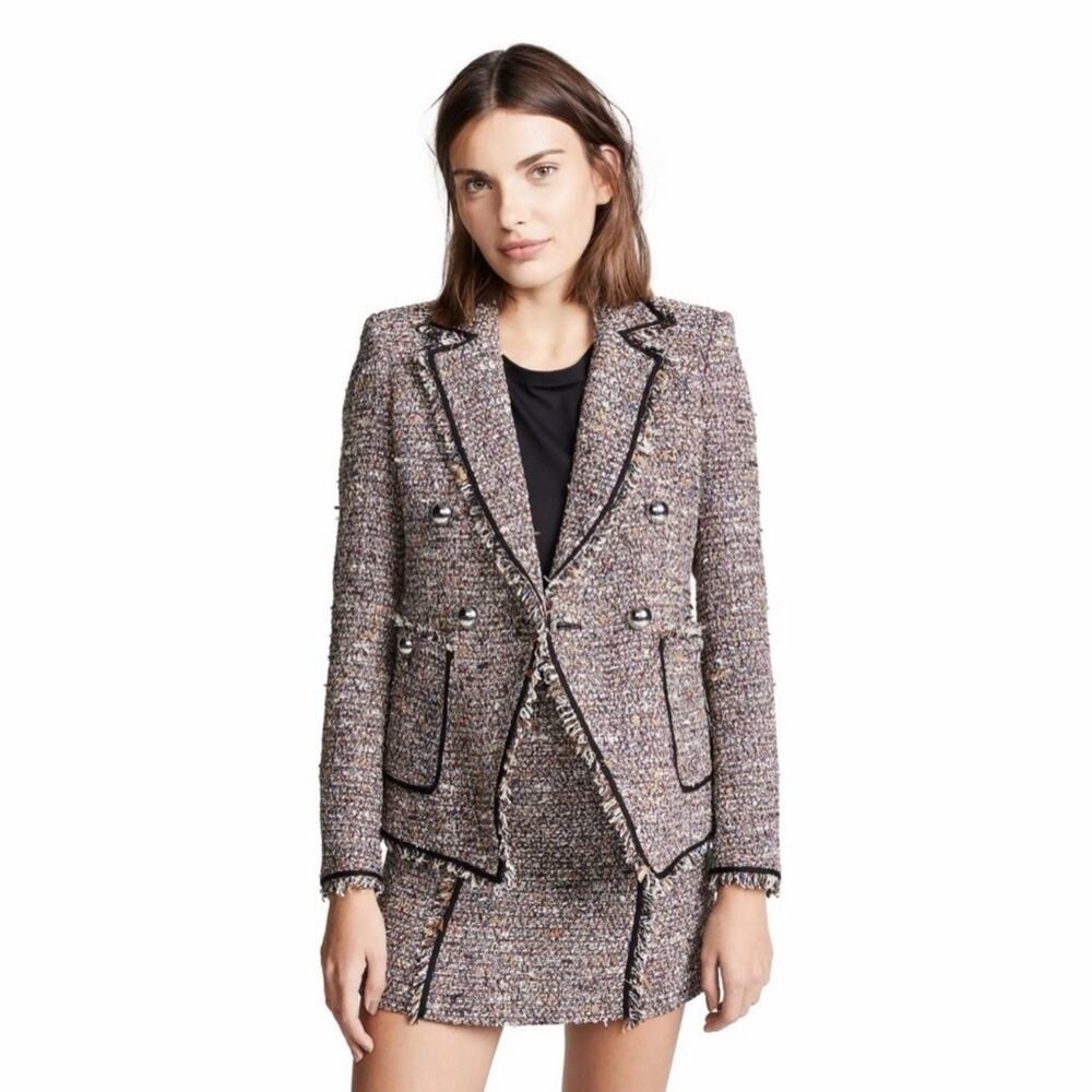 Veronica Beard Theron Fringed Double Breasted Tweed Blazer Brown Multi Jacket